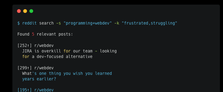 Reddit search for pain points
